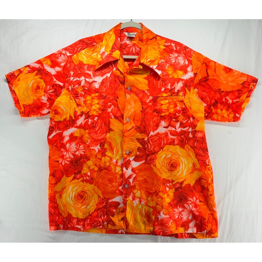 Vintage Lauhala Hawaiian Shirt Mens Large Orange Floral Rose Made in Hawaii 70s